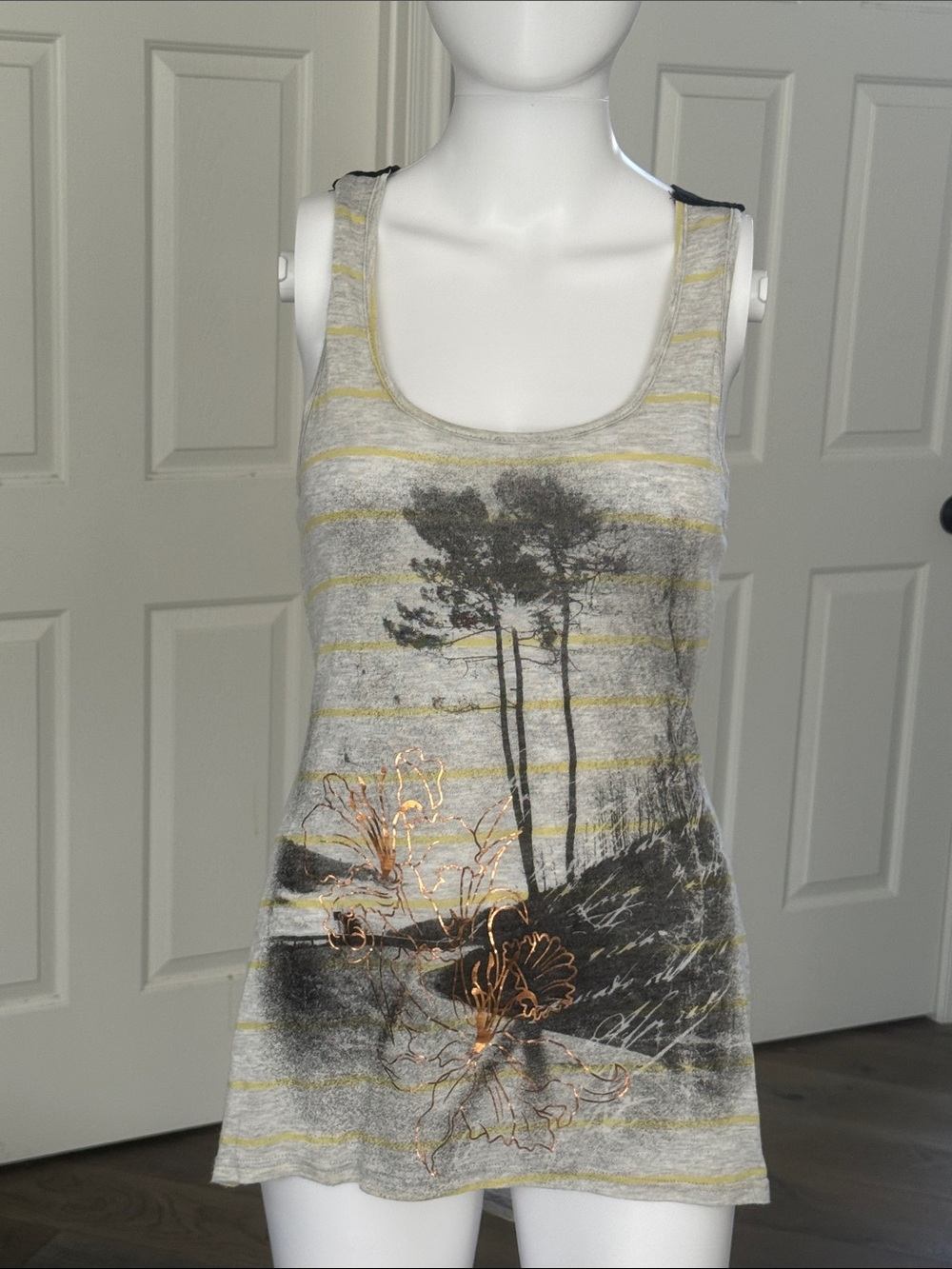 Robin K Gray & Yellow Striped Nature Graphic Tank w/ Copper Metallic Accents-S